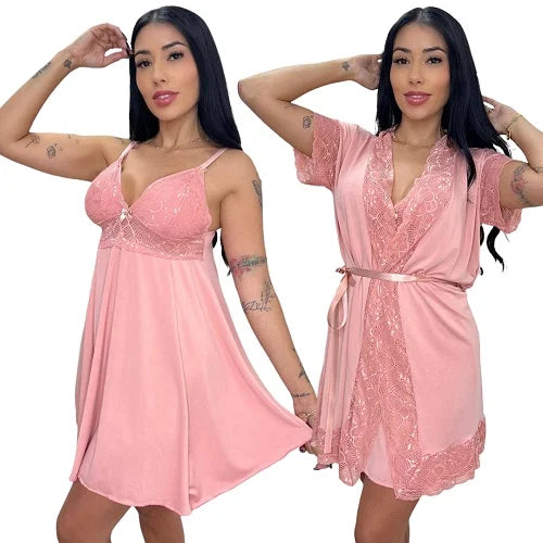 Kit Robe e Camisola para Amamentação – Roupão Pós-Parto com Renda, Conforto e Suavidade para Mães