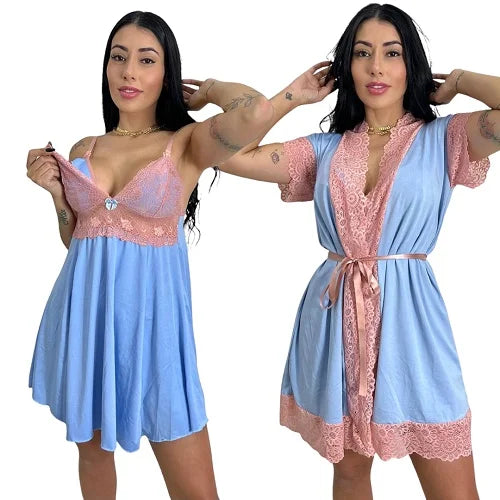 Kit Robe e Camisola para Amamentação – Roupão Pós-Parto com Renda, Conforto e Suavidade para Mães