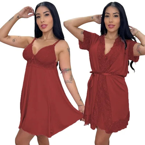 Kit Robe e Camisola para Amamentação – Roupão Pós-Parto com Renda, Conforto e Suavidade para Mães