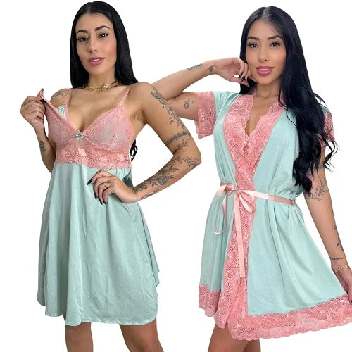 Kit Robe e Camisola para Amamentação – Roupão Pós-Parto com Renda, Conforto e Suavidade para Mães