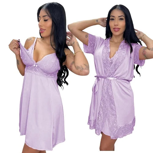 Kit Robe e Camisola para Amamentação – Roupão Pós-Parto com Renda, Conforto e Suavidade para Mães