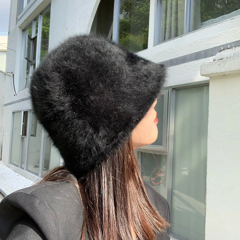 Women’s Winter Rabbit Fur Bucket Hat | Knitted Wool Fisherman Cap | Soft & Stylish Cold-Weather Accessory