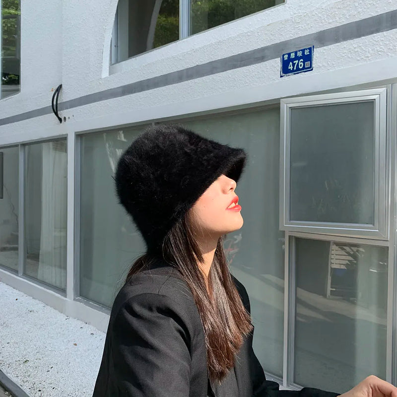 Women’s Winter Rabbit Fur Bucket Hat | Knitted Wool Fisherman Cap | Soft & Stylish Cold-Weather Accessory