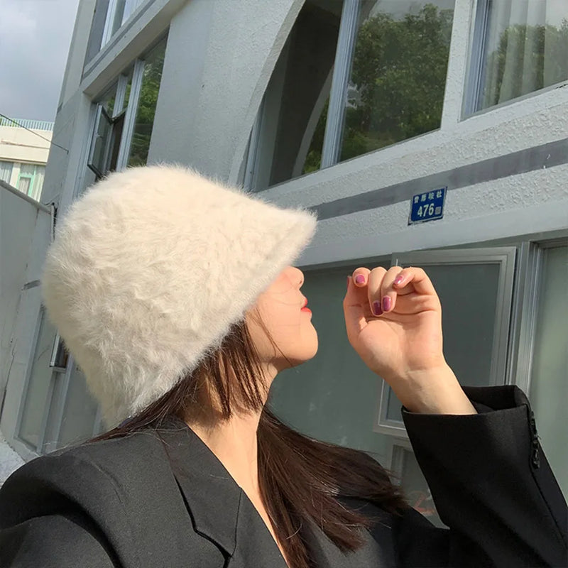 Women’s Winter Rabbit Fur Bucket Hat | Knitted Wool Fisherman Cap | Soft & Stylish Cold-Weather Accessory