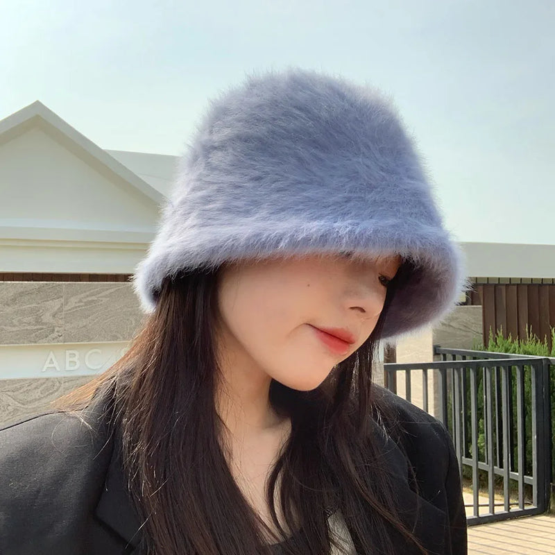 Women’s Winter Rabbit Fur Bucket Hat | Knitted Wool Fisherman Cap | Soft & Stylish Cold-Weather Accessory