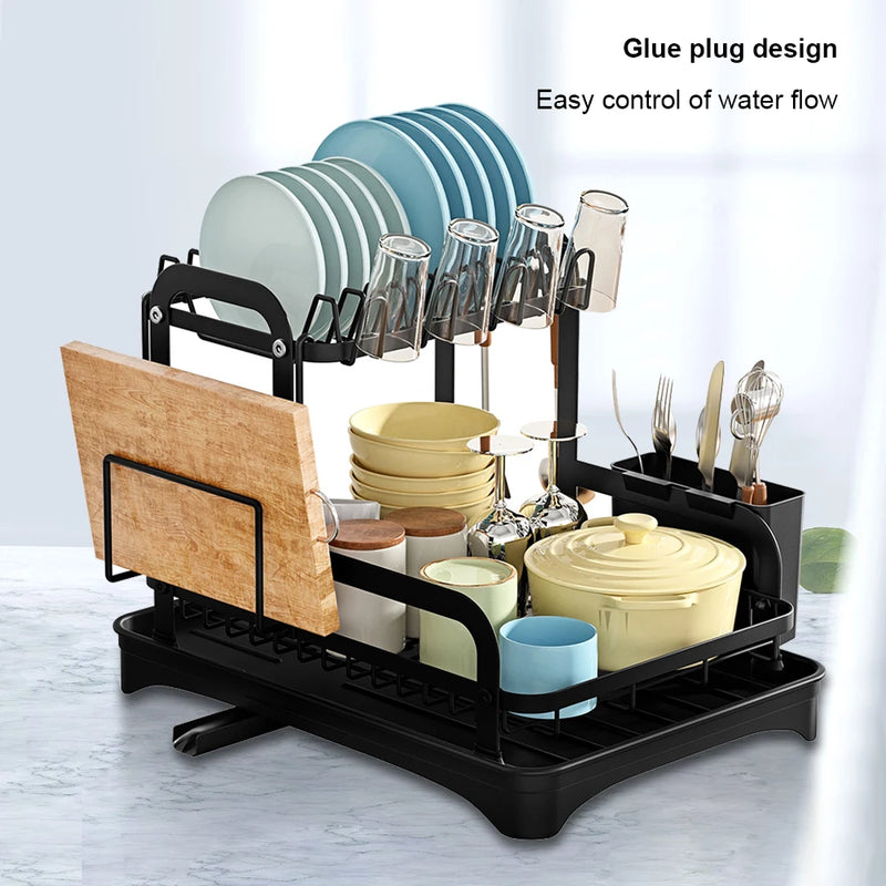 2-Tier Dish Drying Rack | Metal Dish Drainer with Drain Basket & Rotating Water Outlet | Kitchen Countertop Organizer