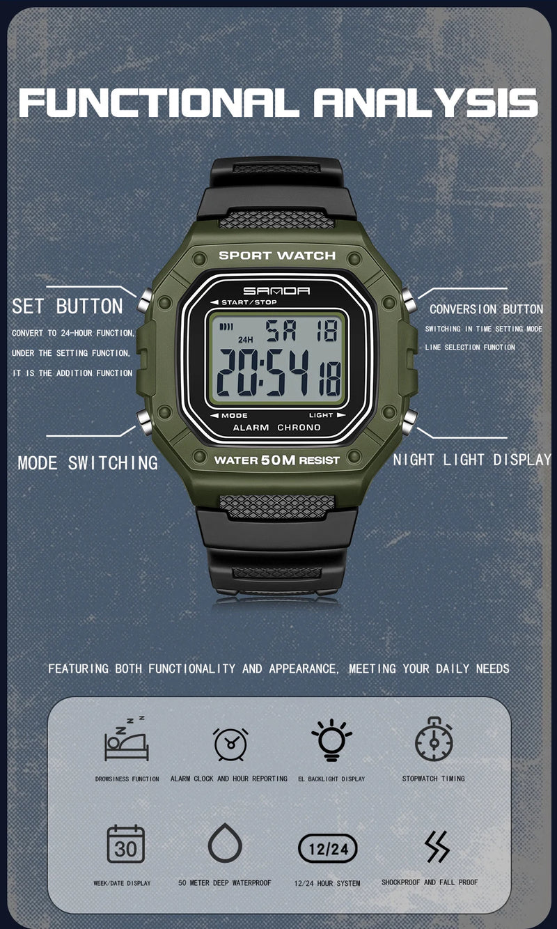 SANDA 2156 Men’s Military Sport Watch | Water-Resistant Digital Wristwatch with LED Display & Stopwatch