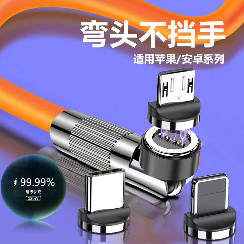 MVQF 3-in-1 540° Magnetic Fast-Charging Cable | 120 W 6A USB to Type-C, Micro-USB & Lightning | Liquid Silicone Data Cable