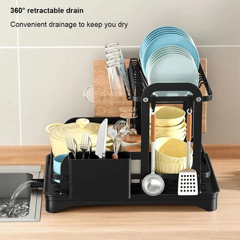 2-Tier Dish Drying Rack | Metal Dish Drainer with Drain Basket & Rotating Water Outlet | Kitchen Countertop Organizer