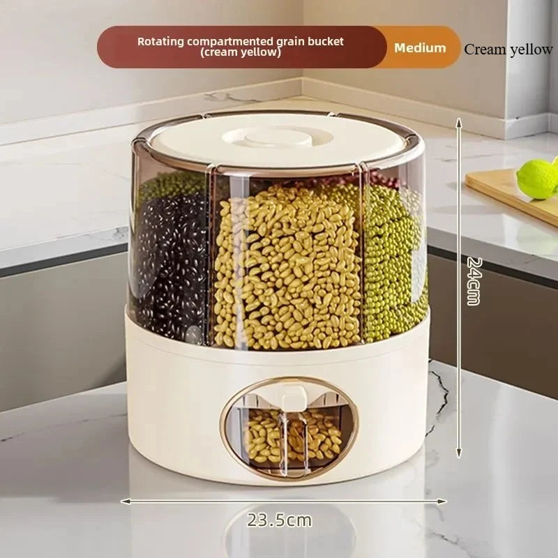 Rotating Sealed Grain & Rice Storage Container – Moisture-Proof, Insect-Proof Multi-Compartment Kitchen Dispenser