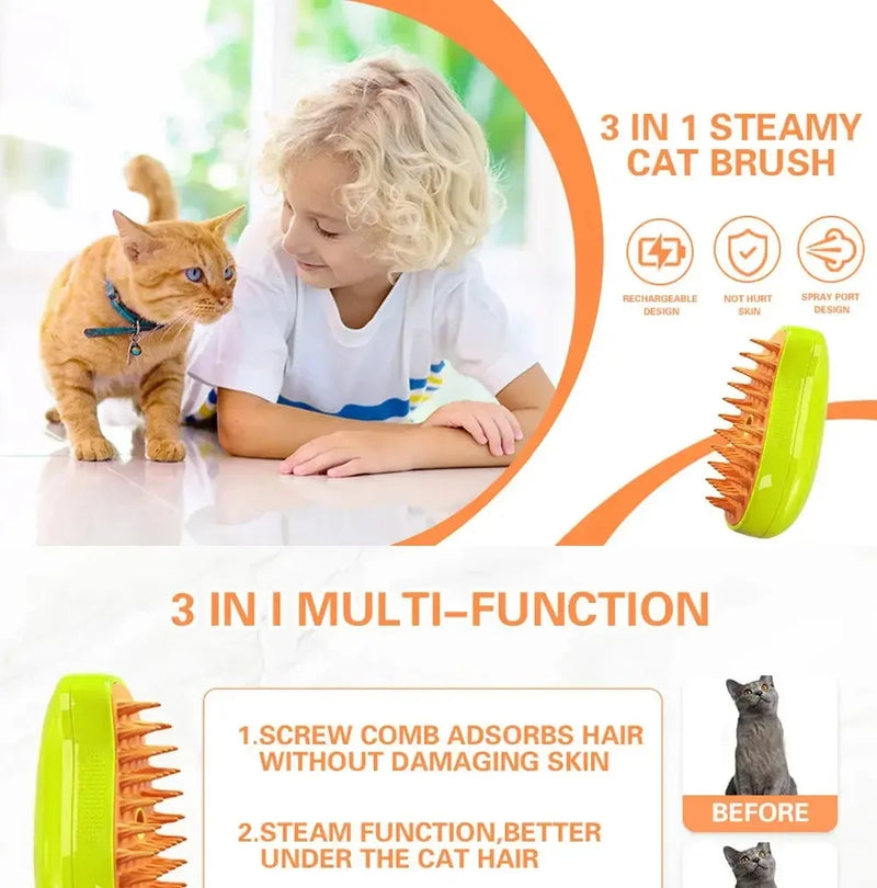 3-in-1 Electric Pet Steam Brush – Grooming, Massage & Cleaning Tool for Cats and Dogs