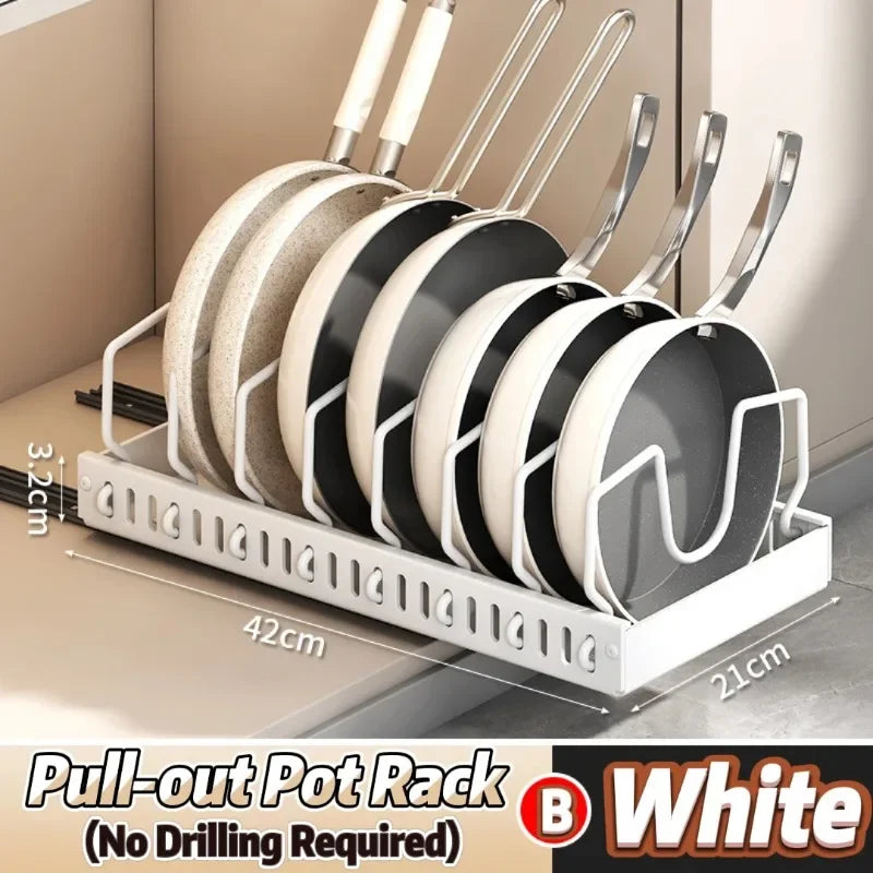 Adjustable Kitchen Pull-Out Pot Rack – Sliding Cupboard Organizer Tray for Pots, Pans & Dishes 🧺