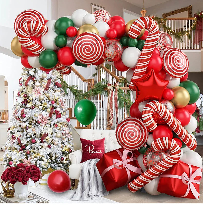 137PCS Christmas Balloon Decoration Set | Red, Green & White Balloon Arch Kit with Candy Cane & Foil Balloons