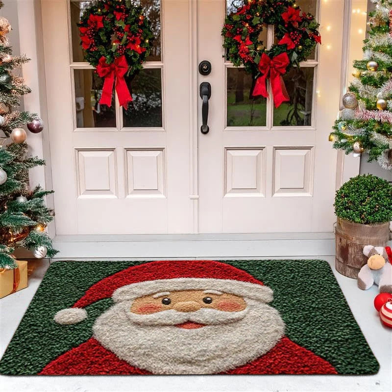 Christmas Door Mat | Santa Claus & Gingerbread Design | Red Holiday Welcome Mat for Indoor & Outdoor Use