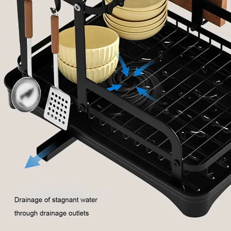 2-Tier Dish Drying Rack | Metal Dish Drainer with Drain Basket & Rotating Water Outlet | Kitchen Countertop Organizer