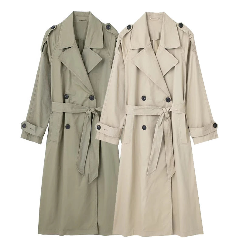 Willshela Women’s Double-Breasted Trench Coat | Elegant Long Belted Overcoat with Lapel Collar & Vintage Design