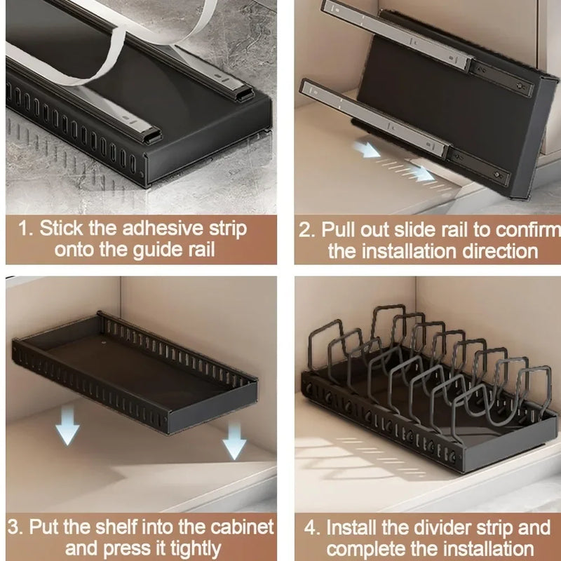 Adjustable Kitchen Pull-Out Pot Rack – Sliding Cupboard Organizer Tray for Pots, Pans & Dishes 🧺