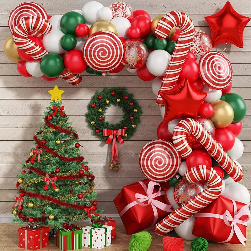 137PCS Christmas Balloon Decoration Set | Red, Green & White Balloon Arch Kit with Candy Cane & Foil Balloons
