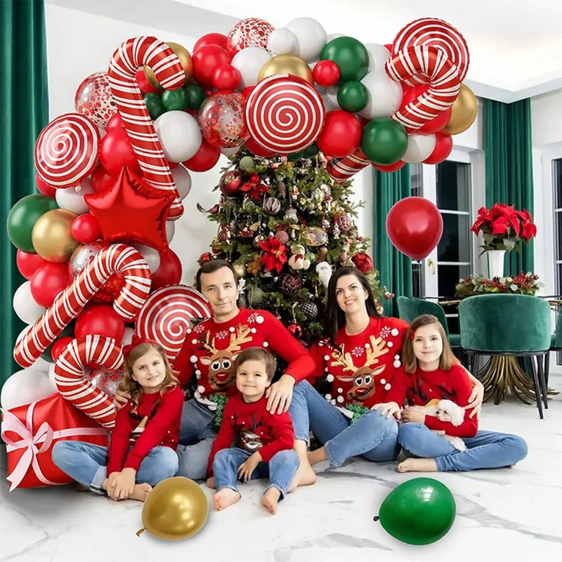 137PCS Christmas Balloon Decoration Set | Red, Green & White Balloon Arch Kit with Candy Cane & Foil Balloons