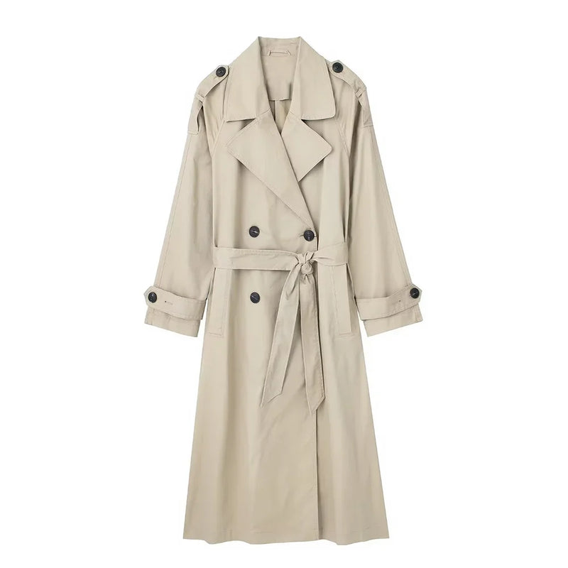 Willshela Women’s Double-Breasted Trench Coat | Elegant Long Belted Overcoat with Lapel Collar & Vintage Design