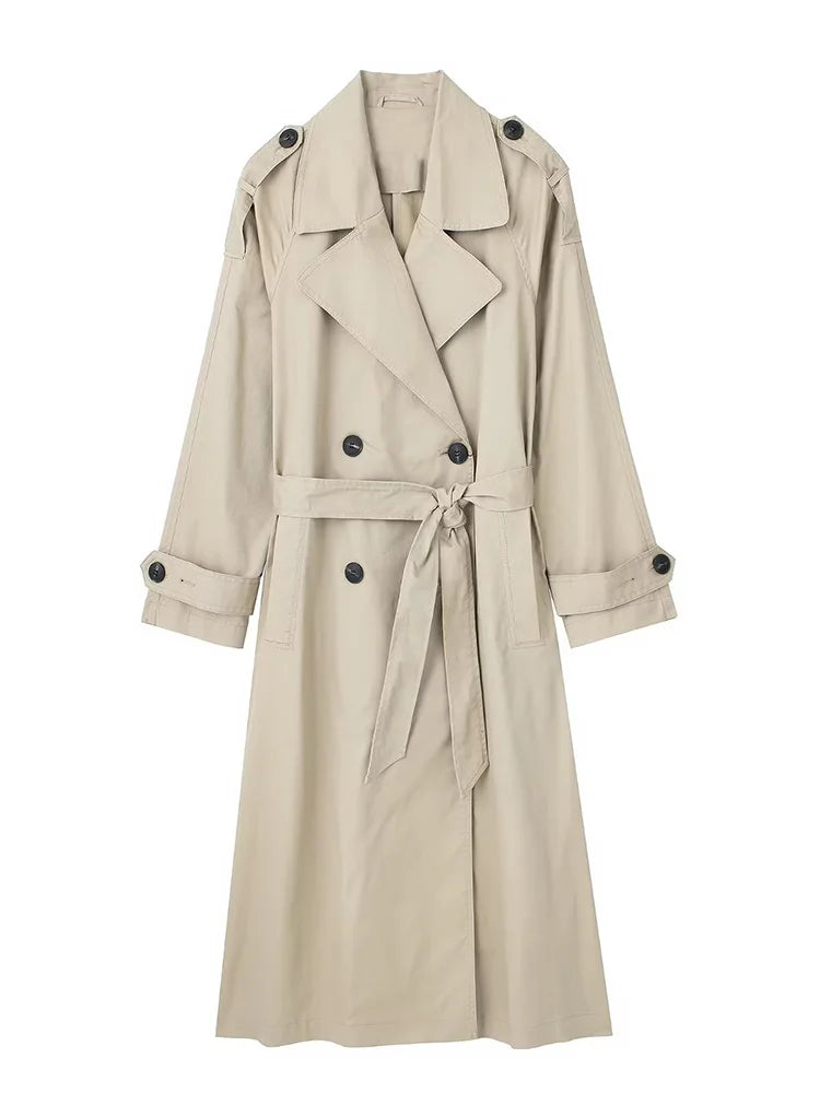 Willshela Women’s Double-Breasted Trench Coat | Elegant Long Belted Overcoat with Lapel Collar & Vintage Design