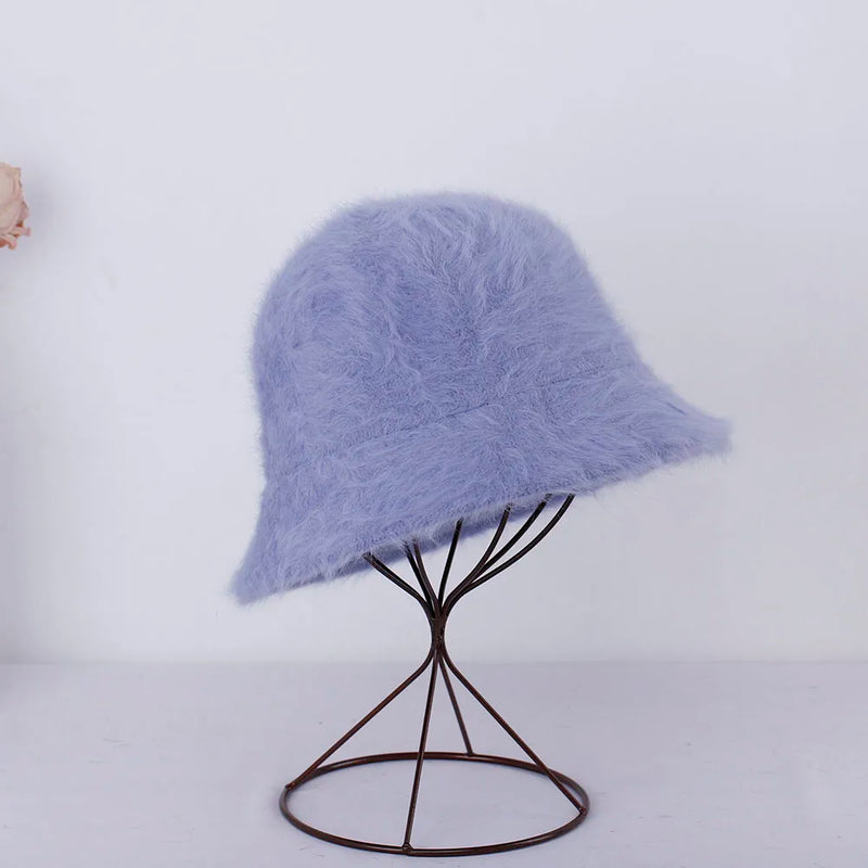 Women’s Winter Rabbit Fur Bucket Hat | Knitted Wool Fisherman Cap | Soft & Stylish Cold-Weather Accessory