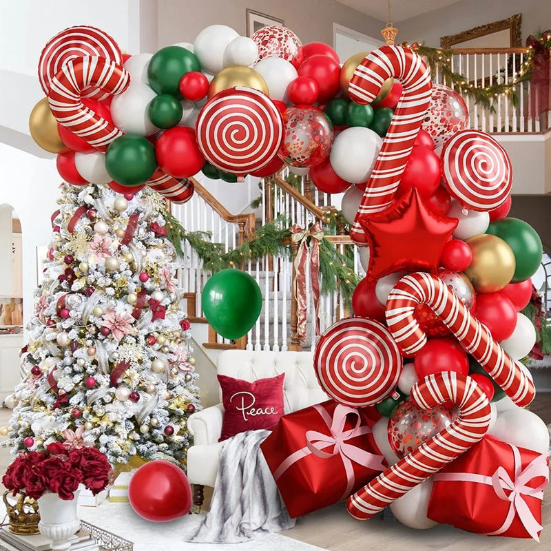 137PCS Christmas Balloon Decoration Set | Red, Green & White Balloon Arch Kit with Candy Cane & Foil Balloons