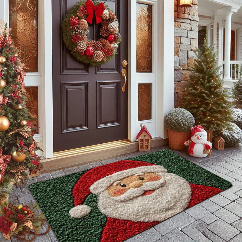 Christmas Door Mat | Santa Claus & Gingerbread Design | Red Holiday Welcome Mat for Indoor & Outdoor Use