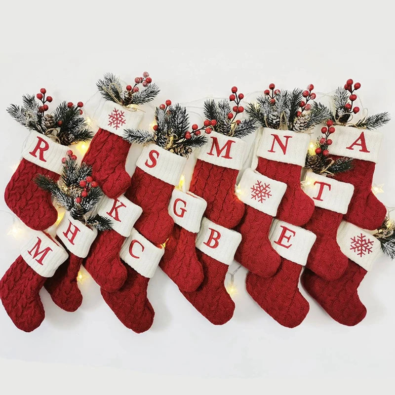 Knitted Christmas Socks with Snowflake & Letter Design | Festive Hanging Stockings for 2025–2026 Holiday Décor & Gifts