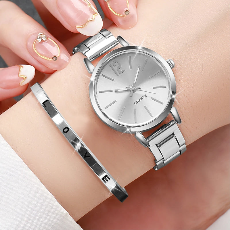 Elegant Women’s Quartz Watch Set | 2-Piece Stainless Steel Watch & Love Bracelet | Fashion Casual Gift Set